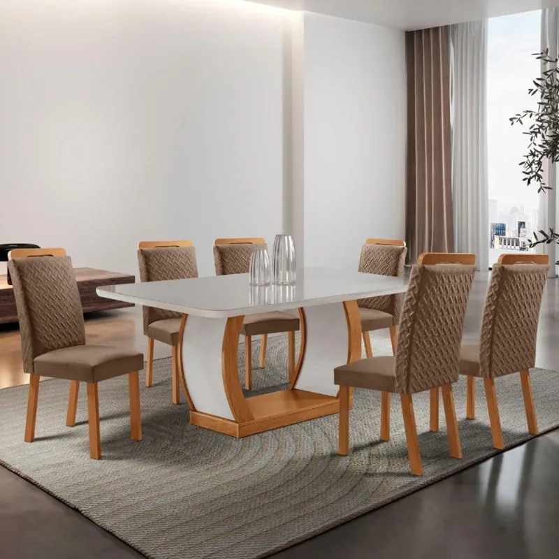 Mesa de Jantar Milena 6 Lugares Retangular MDF com Vidro 180CM Off White Moderna