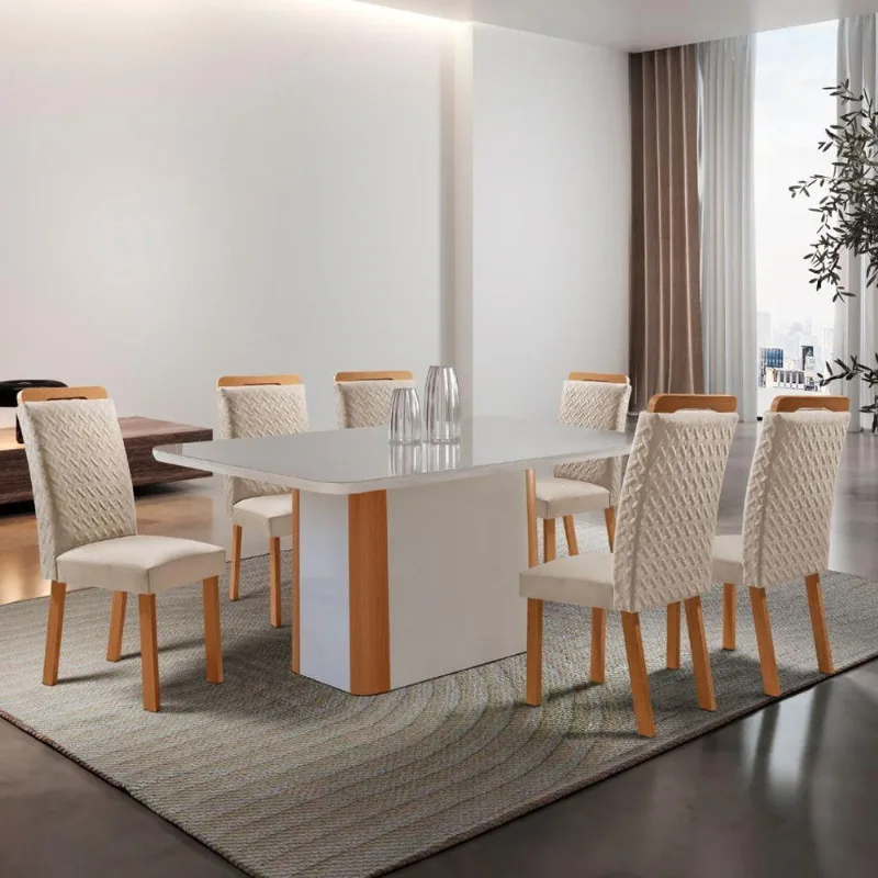 Mesa de Jantar Isadora 6 Lugares Tampo MDF com Vidro Serigrafado Creme 180CM Moderna