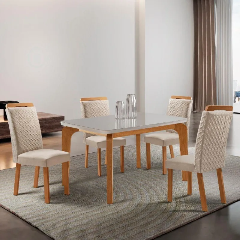 Conjunto de Jantar Liz 4 Lugares Tampo MDF com Vidro Serigrafado Canto Copo Creme 120CM Moderna - Moderna