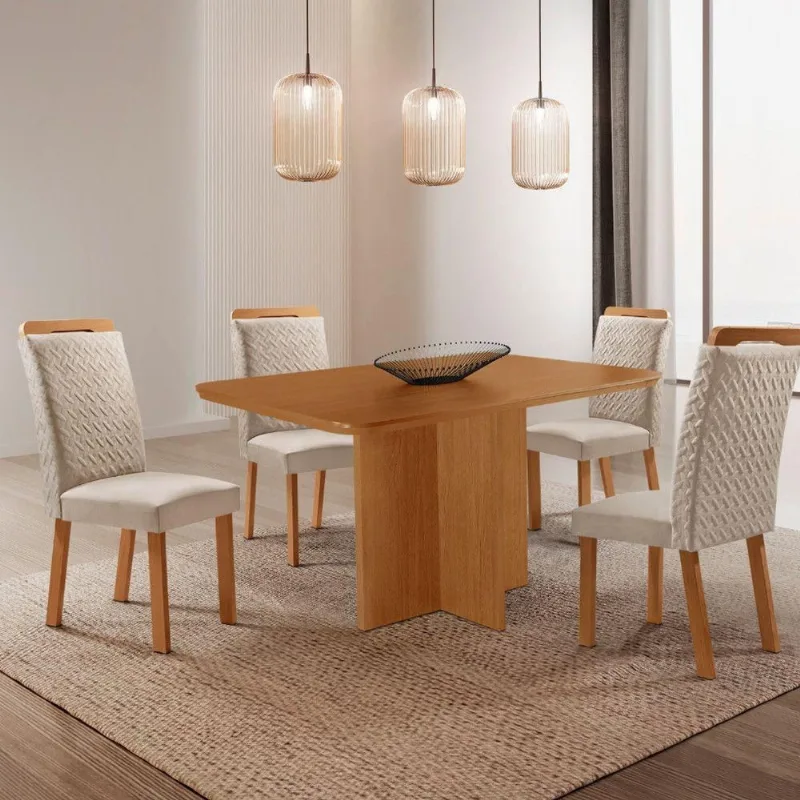 Conjunto de Jantar Olimpia 4 Lugares Tampo MDF com Cadeiras em Veludo Creme 120CM Moderna - Moderna