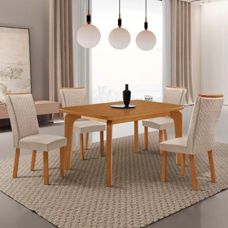 Conjunto de Jantar Liz 4 Lugares Tampo MDF Cadeiras em Veludo Creme 120CM Moderna - Moderna
