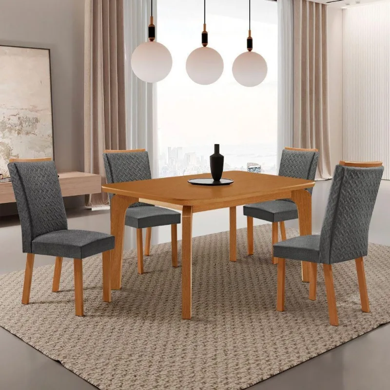 Conjunto de Jantar Liz 4 Lugares Tampo MDF Cadeiras Estofadas Linho Grafite e Naturalle 120CM - Moderna