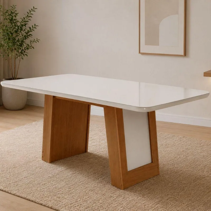 Mesa de Jantar Carolina 6 Lugares Retangular MDF com Vidro 180CM Moderna