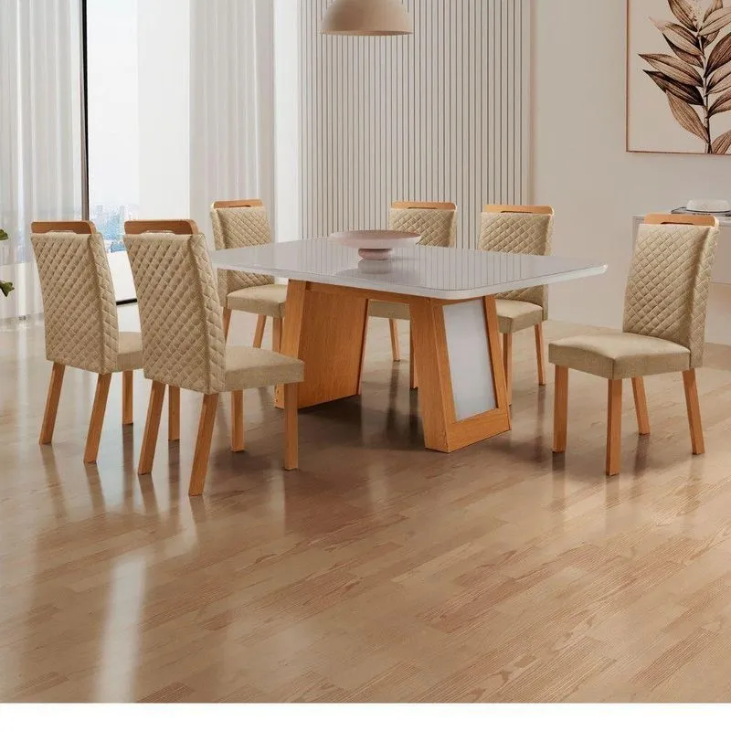Conjunto De Jantar Carolina 6 Lugares Tampo Mdf Com Vidro Off White 180cm Moderna