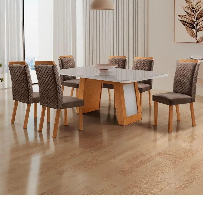 Conjunto De Jantar Carolina 6 Lugares Tampo Mdf Com Vidro E Cadeiras Estofadas Marrom 180cm Moderna