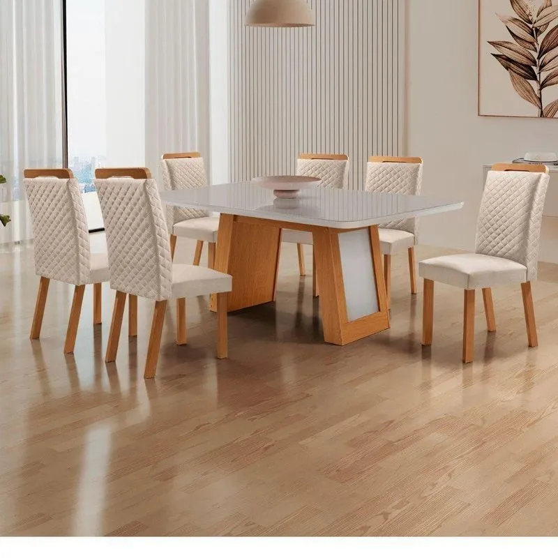 Conjunto De Jantar Carolina 6 Lugares Tampo Mdf Com Vidro E Cadeiras Lorena Veludo Creme Off White