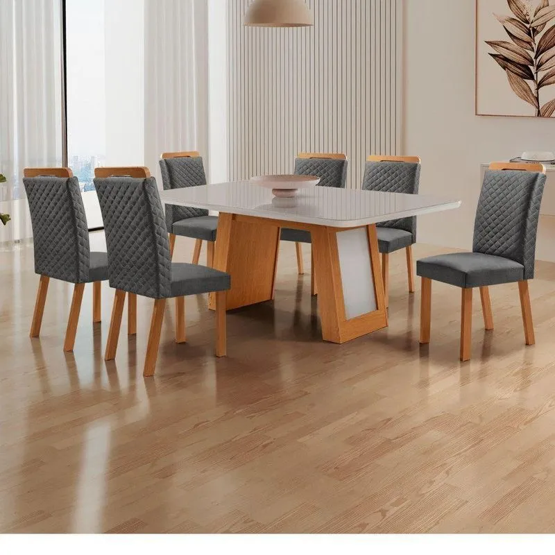 Conjunto De Jantar Carolina 6 Lugares Tampo Mdf Com Vidro E Cadeiras Estofadas Linho Grafite 180cm