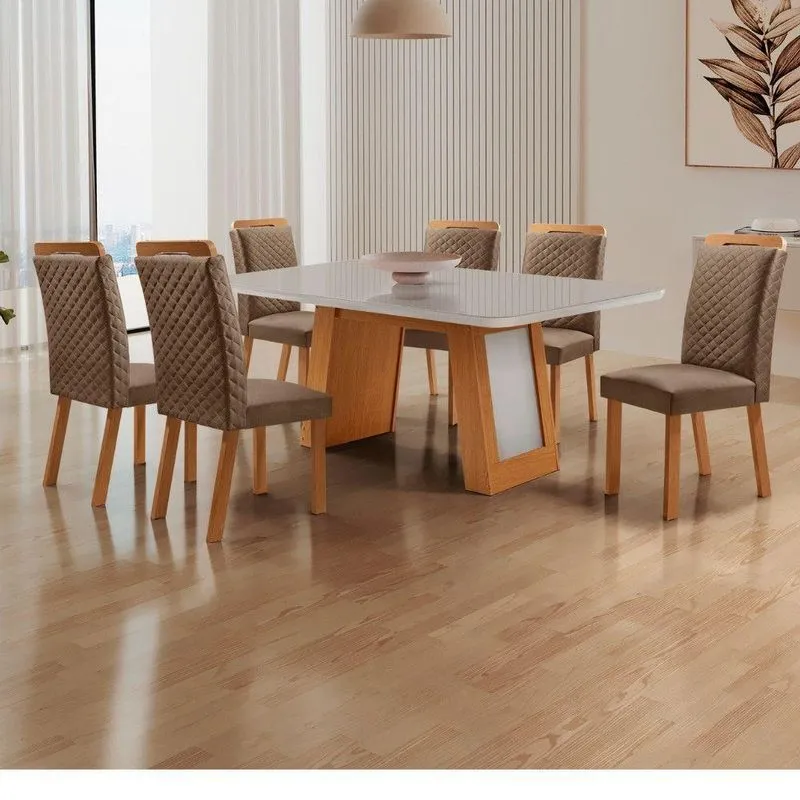 Conjunto De Jantar Carolina 6 Lugares Tampo Mdf Com Vidro E Cadeiras Estofadas Off White 180cm