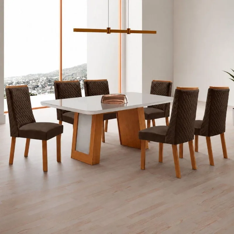 Mesa de Jantar Carolina 6 Lugares Tampo MDF Vidro Cadeiras Veludo Marrom Off White 180CM Moderna