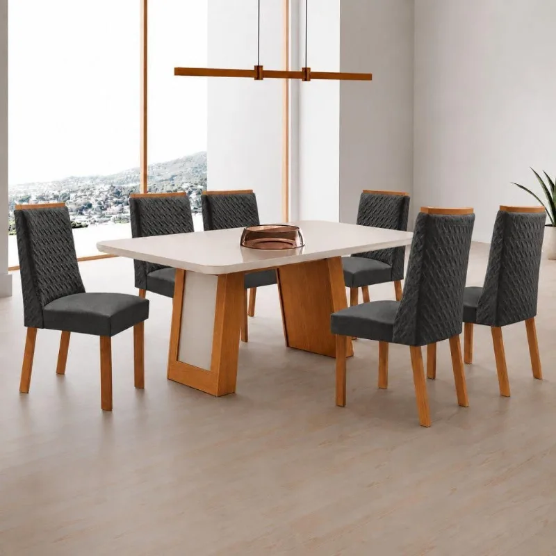 Mesa de Jantar Carolina 6 Lugares Tampo MDF Vidro Cadeiras Linho Grafite 180CM Moderna