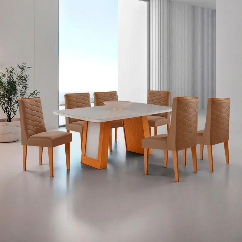 Conjunto de Jantar Carolina 6 Lugares Tampo MDF com Vidro Off White 180CM Moderna