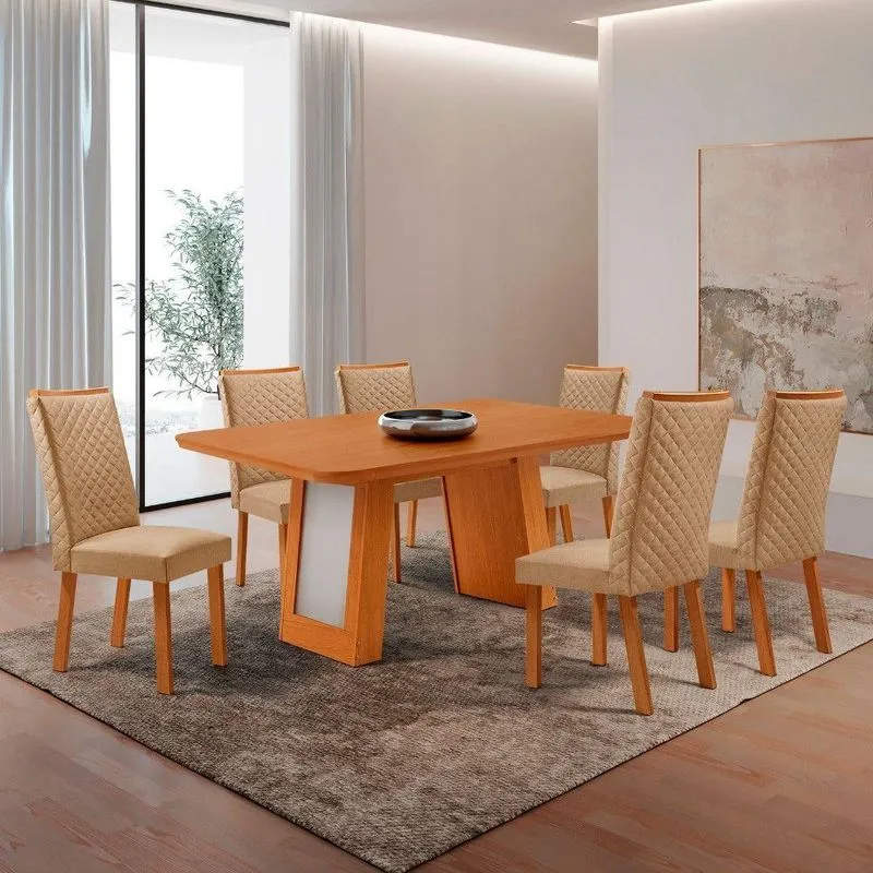 Conjunto de Jantar Carolina Laminado 6 Lugares Canto Copo Off White 180CM Moderna