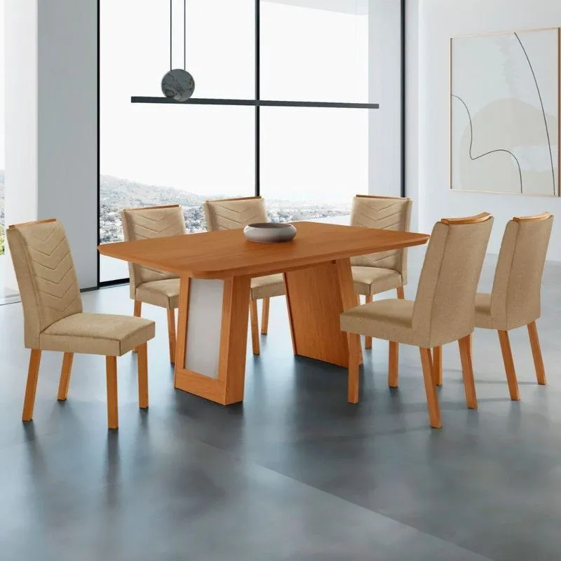 Conjunto de Jantar Carolina Laminado com 6 Cadeiras 6 Lugares Tampo MDF Off White 180CM Moderna