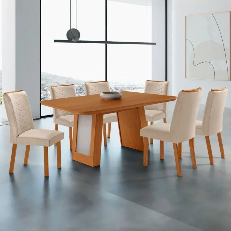 Conjunto de Jantar Carolina Laminado 6 Lugares Tampo MDF Cadeiras com Assento Estofado Creme Moderna