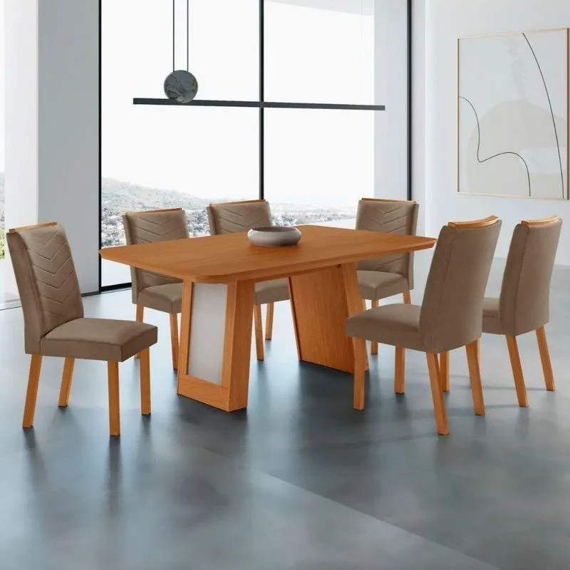 Conjunto de Jantar Carolina Laminado com 6 Cadeiras Liz Tampo em MDF Estofado Café Moderna