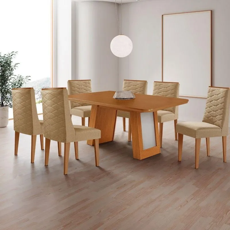 Conjunto De Jantar Carolina 6 Lugares Com Cadeiras Safira Estofadas Off White 180cm Moderna