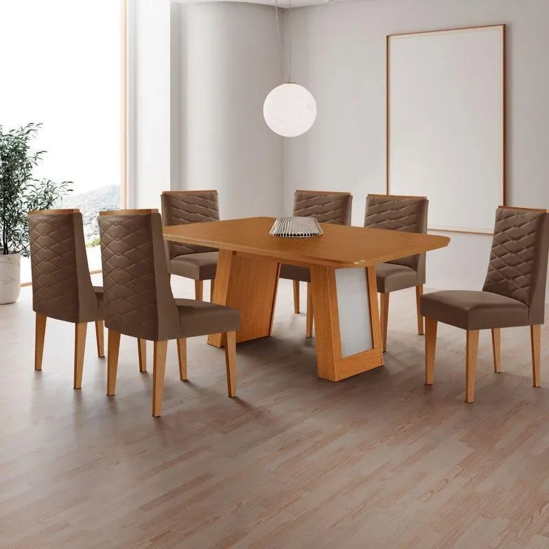 Conjunto De Jantar Carolina Laminado 6 Lugares Tampo Mdf Cadeiras Safira Estofadas Marrom 180cm