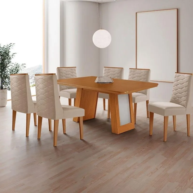 Conjunto De Jantar Carolina 6 Lugares Tampo Mdf Cadeiras Safira Estofadas Veludo Off White Moderna