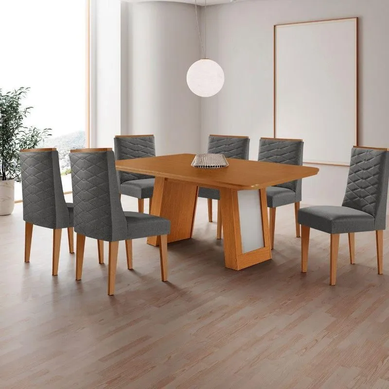 Conjunto De Jantar Carolina 6 Lugares Tampo Mdf Cadeiras Safira Grafite E Off White 180cm Moderna