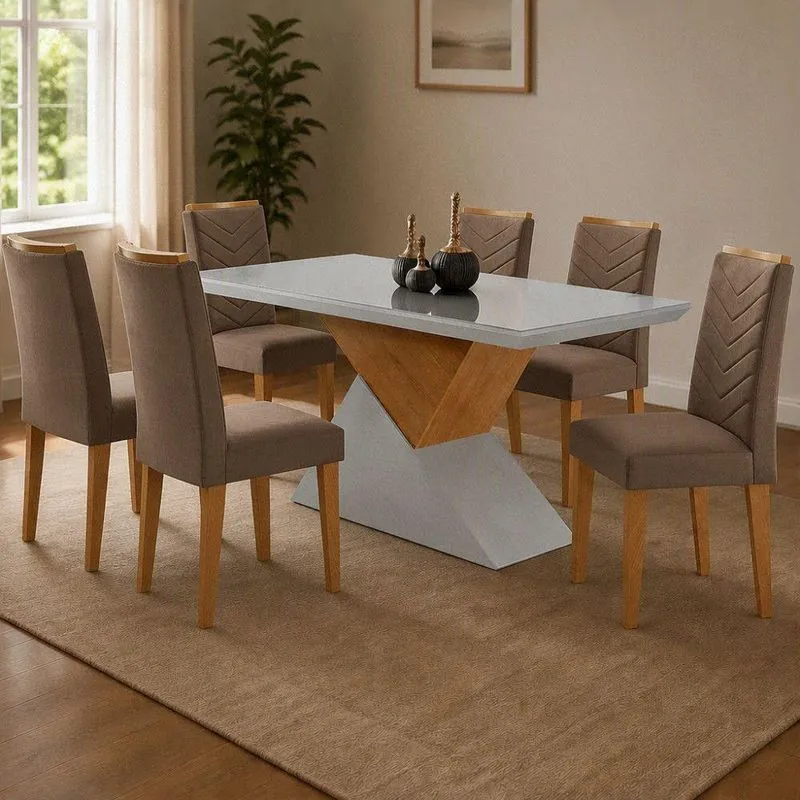 Conjunto De Jantar Aster 6 Lugares Tampo Mdf E Vidro Off Cadeiras Liz Capuccino 180cm Moderna