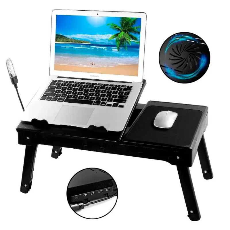 Mesa Cama Notebook Ajustável Multiuso C/ Cooler + Hub 4 Portas Usb + Lanterna + Porta Objetos
