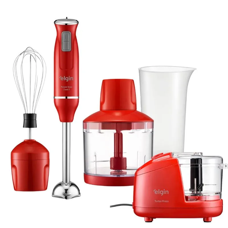 Kit Multi Processador De Alimentos 5 Em 1 E Mixer Inox Power Vermelho Elgin 220v