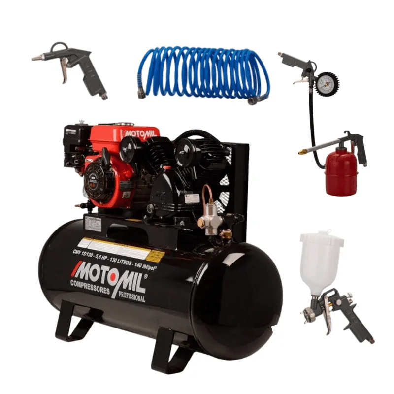 Kit Profissional Funilaria, Pintura E Limpeza Com Compressor Motomil Gasolina 5,5hp 130l + Acessorios