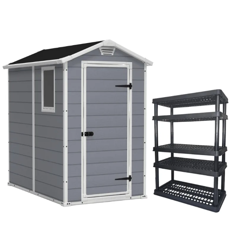 Combo Deposito Multiuso Jardim Area Externa Keter Manor 4x6 + Estante Plastica 5 Niveis 250 Kg
