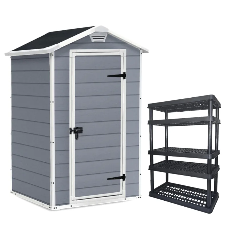 Kit Deposito Jardim Multiuso Area Externa 4x3 Manor Keter + Estante Plastica 5 Niveis