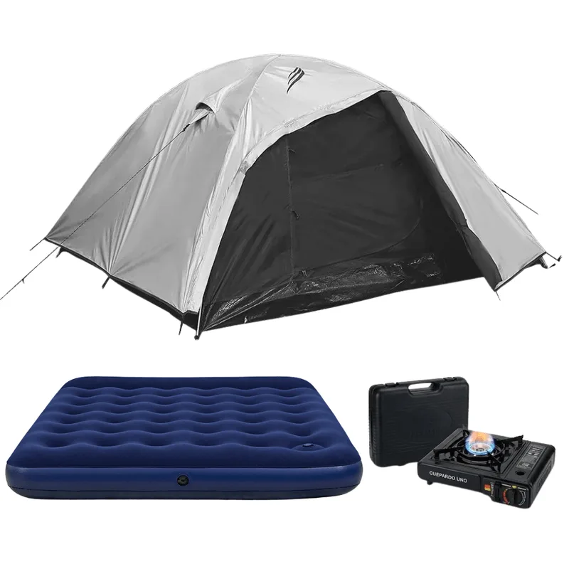 Kit Camping Maxi Com Barraca 6 Pessoas Onix Blackout Colchão Casal Bomba Embutida E Fogareiro Nautika