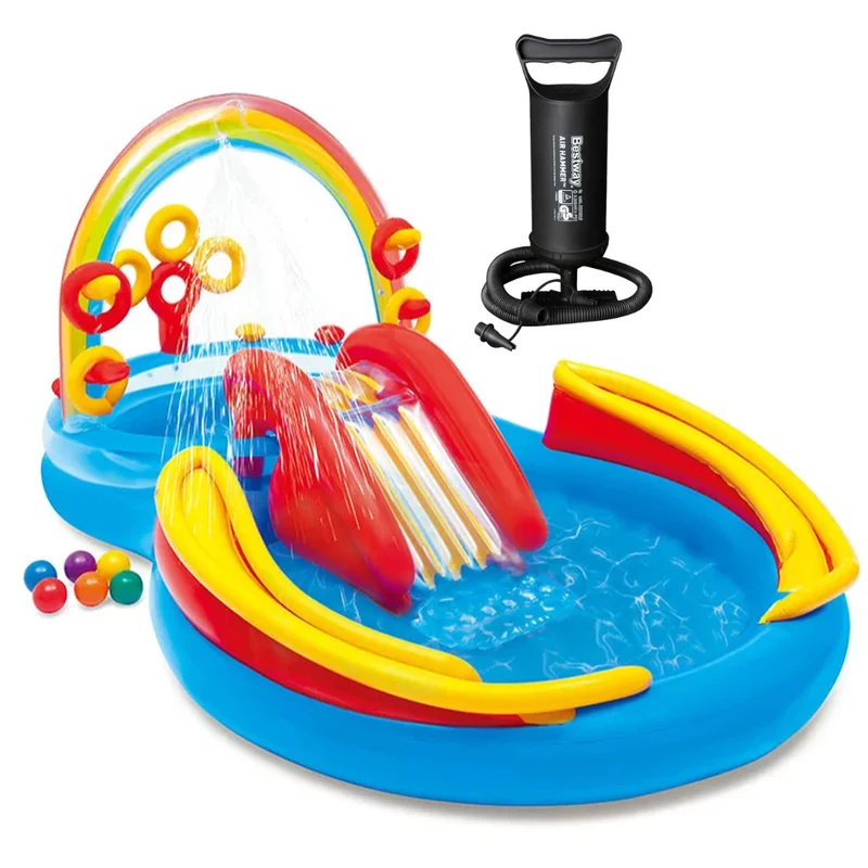 Kit Piscina Playground Arco-Íris 227 Litros Com Tobogã Com Bomba Manual Intex COLORIDO