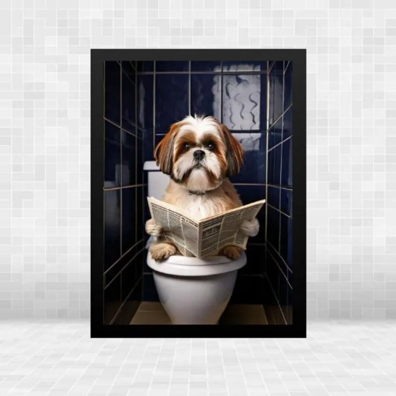 Quadro Banheiro Cão Shiatsu Lendo Jornal 33X24Cm - Com Vidro