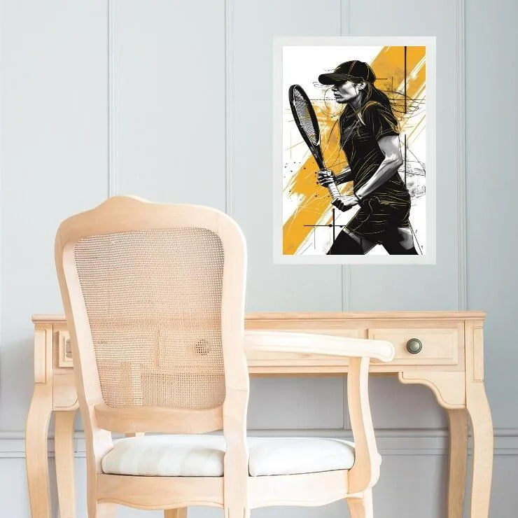 Quadro Arte Mulher Tenista - Preto E Amarelo 33x24cm - Vidro