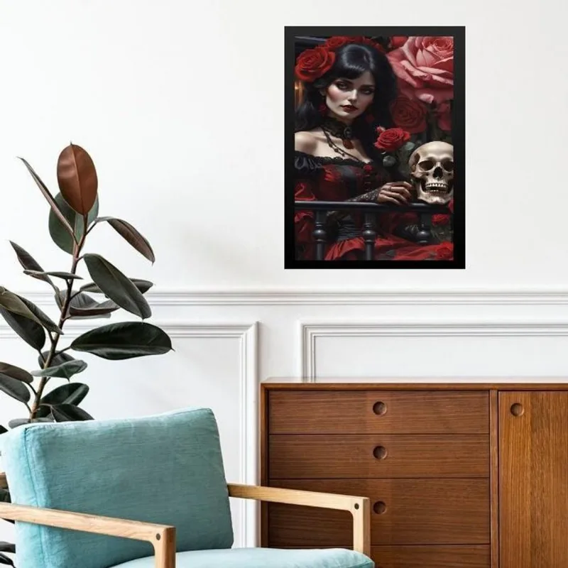Quadro Decorativo Umbanda Rosa Caveira 33x24cm - Com Vidro