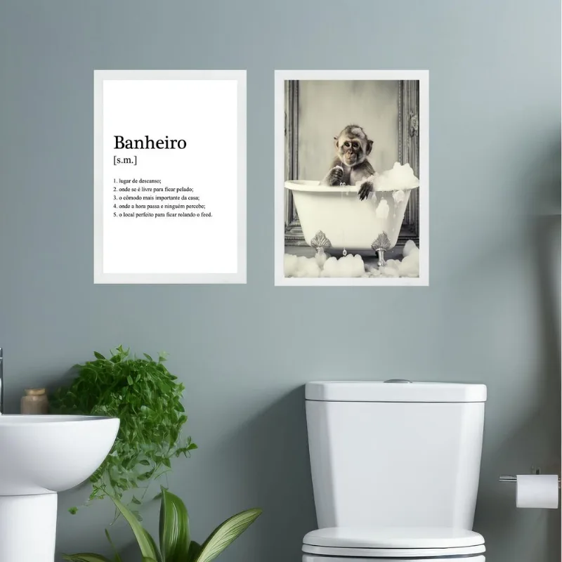 Kit 2 Quadros Decorar Banheiro - Macaquinho 45X34Cm - Vidro