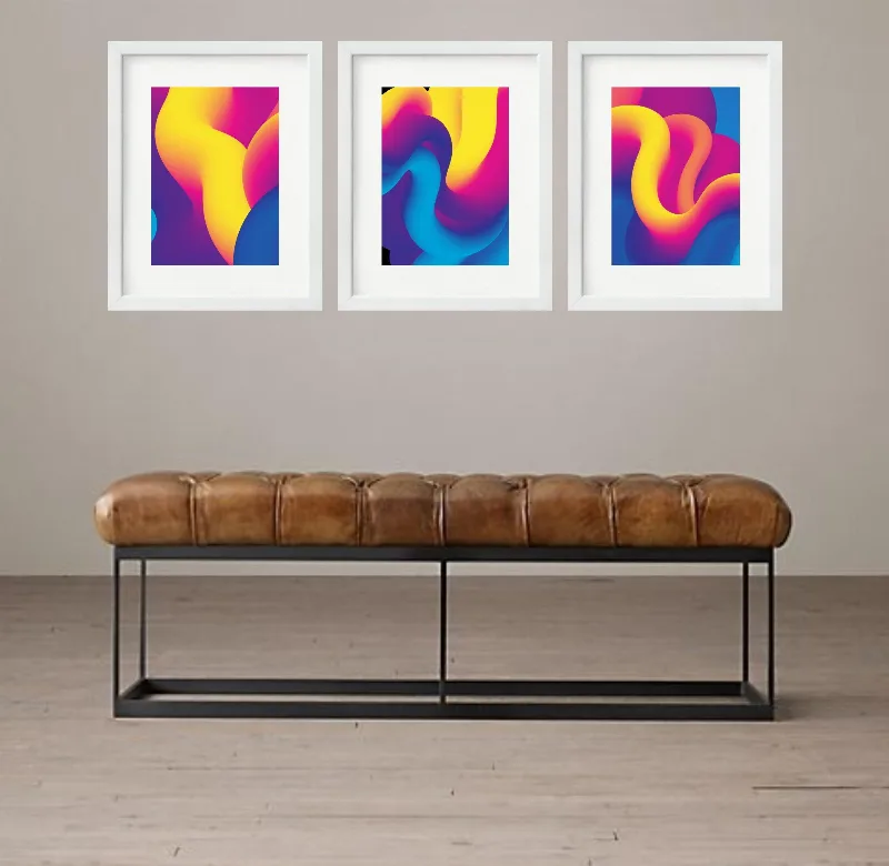 Kit 3 Quadros Grandes Abstratos Cores Quentes Waves 60x48cm