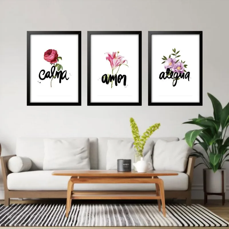 Kit 3 Quadros Grandes Calma Amor E Alegria 60x48cm