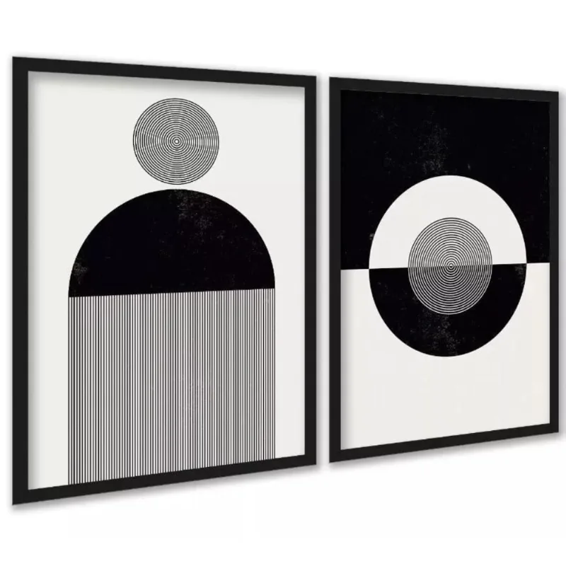 Kit 2 Quadros Abstratos Formas E Linhas Preto E Branco