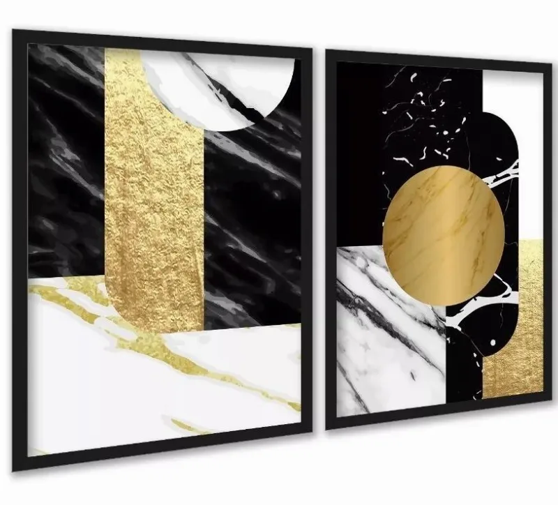 Kit 2 Quadros Abstratos Preto E Dourado - Mármore 24x18cm