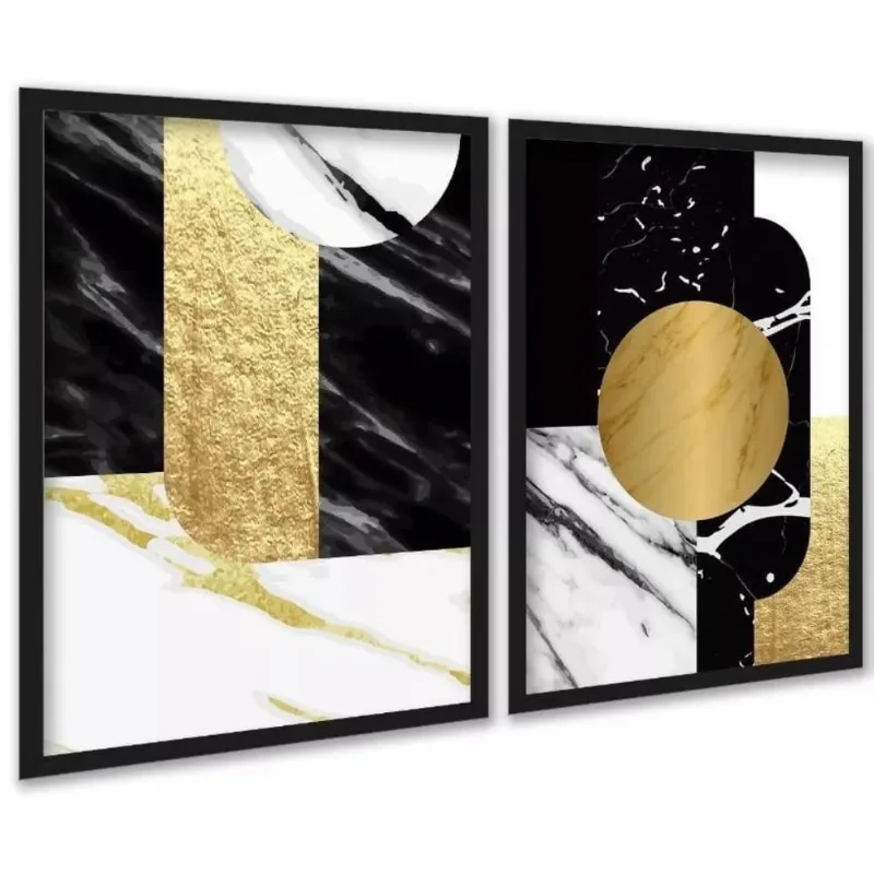 Kit 2 Quadros Abstratos Preto E Dourado - Mármore 33X24Cm