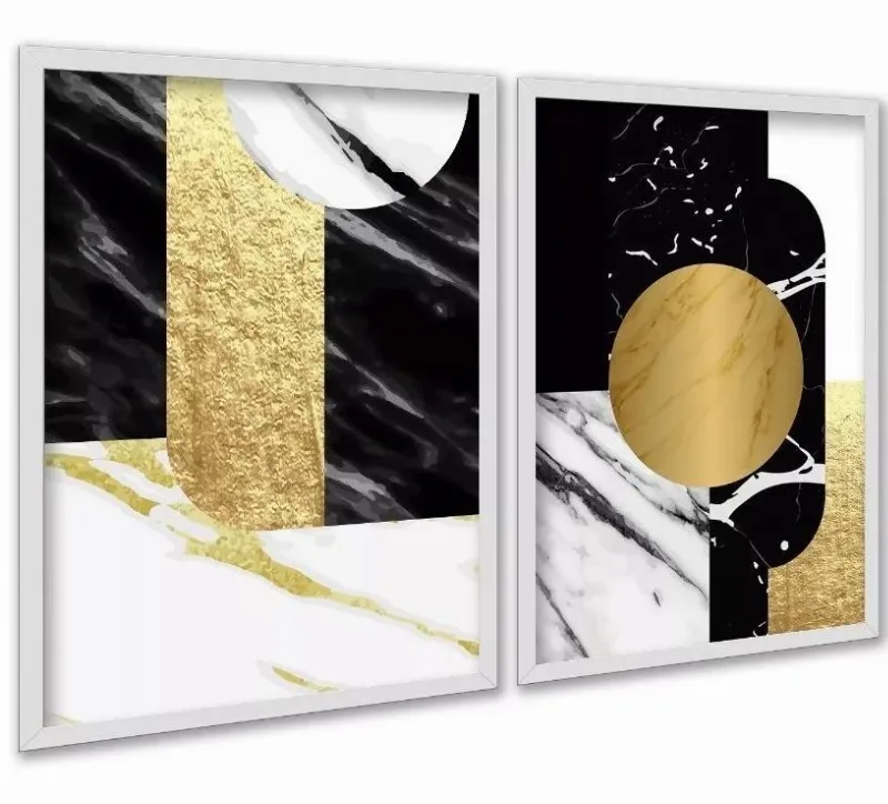 Kit 2 Quadros Abstratos Preto E Dourado - Mármore 45x34cm