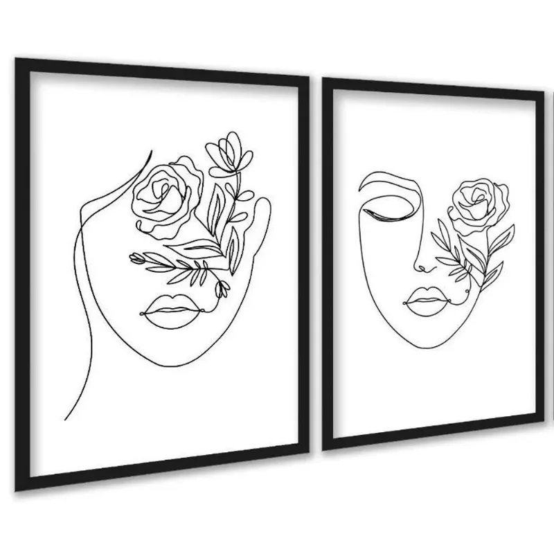 Kit 2 Quadros Decorativos Minimalistas Rostos Floral 45x34cm