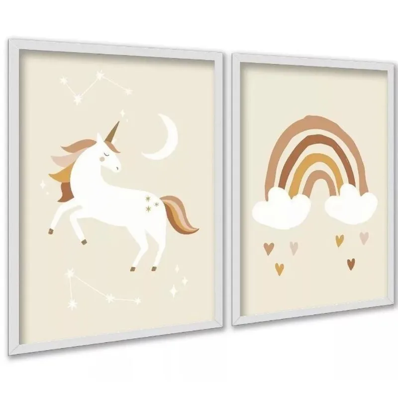 Kit 2 Quadros Infantis Unicórnio Arco-íris Bege 45x34cm