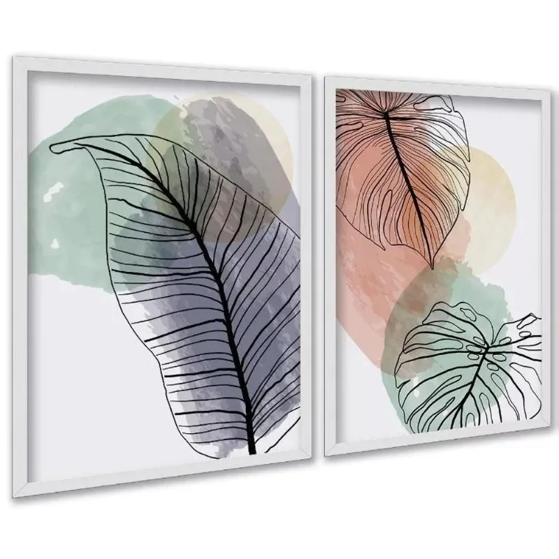 Kit 2 Quadros Folhas Costela Adão Aquarela 45x34cm