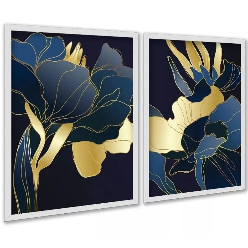 Kit 2 Quadros Florais Azul Dourado Linhas 45x34cm