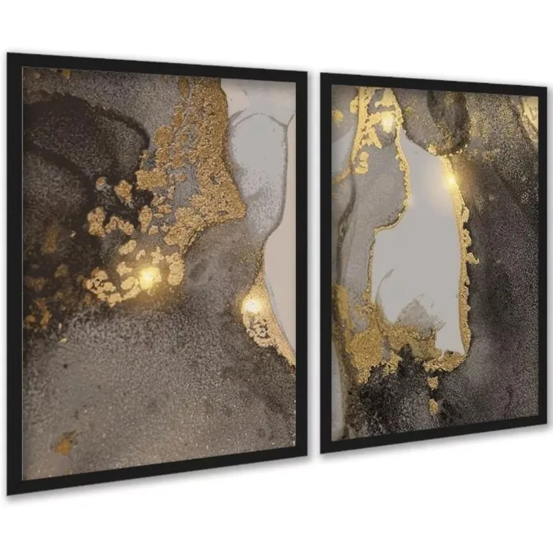 Kit 2 Quadros Abstratos Marmore Dourado Marrom 33X24Cm
