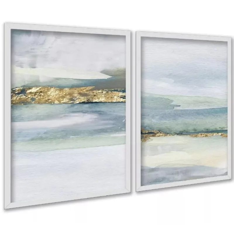 Kit 2 Quadros Abstratos Aquarela Verde Dourado 45X34Cm