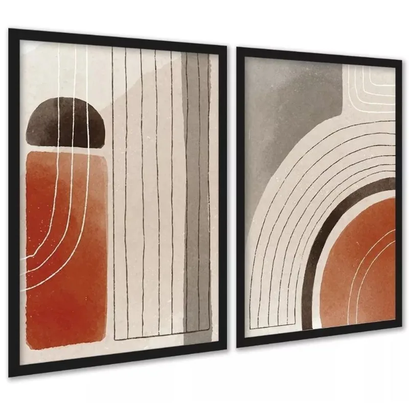 Kit 2 Quadros Elegantes Abstratos Linhas Bege Terracota