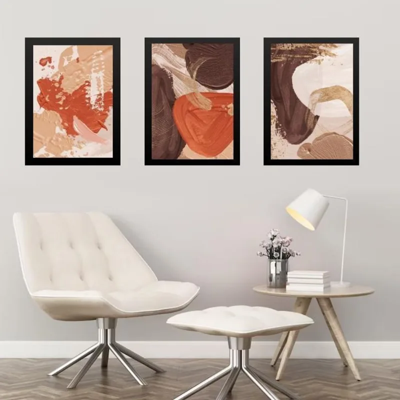 Kit 3 Quadros Abstratos Marrom Terracota 33x24cm - Com Vidro