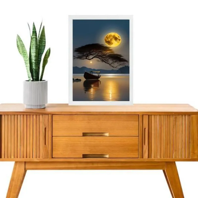 Quadro Decorativo Arte Barco Rio Lua Cheia 33x24cm - Vidro